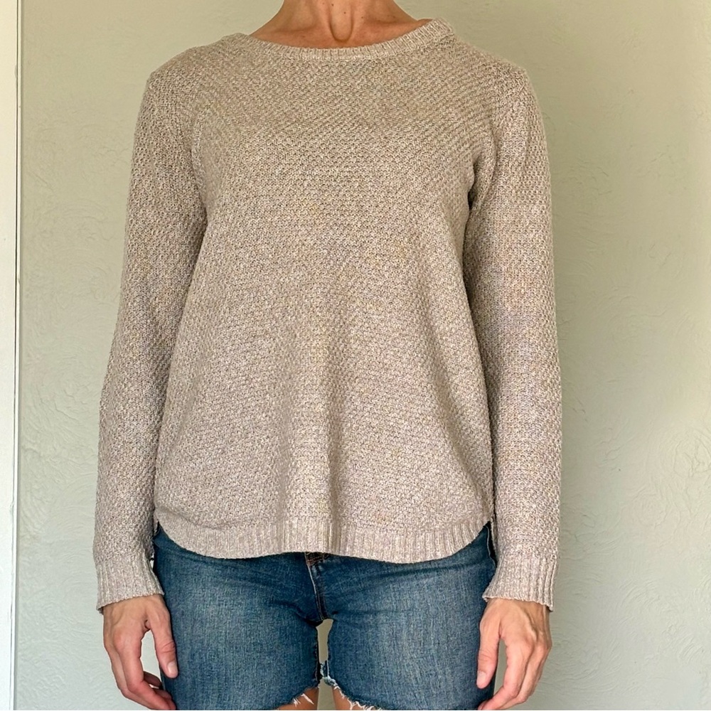 Tan, knit sweater with crewneck and cute waistline